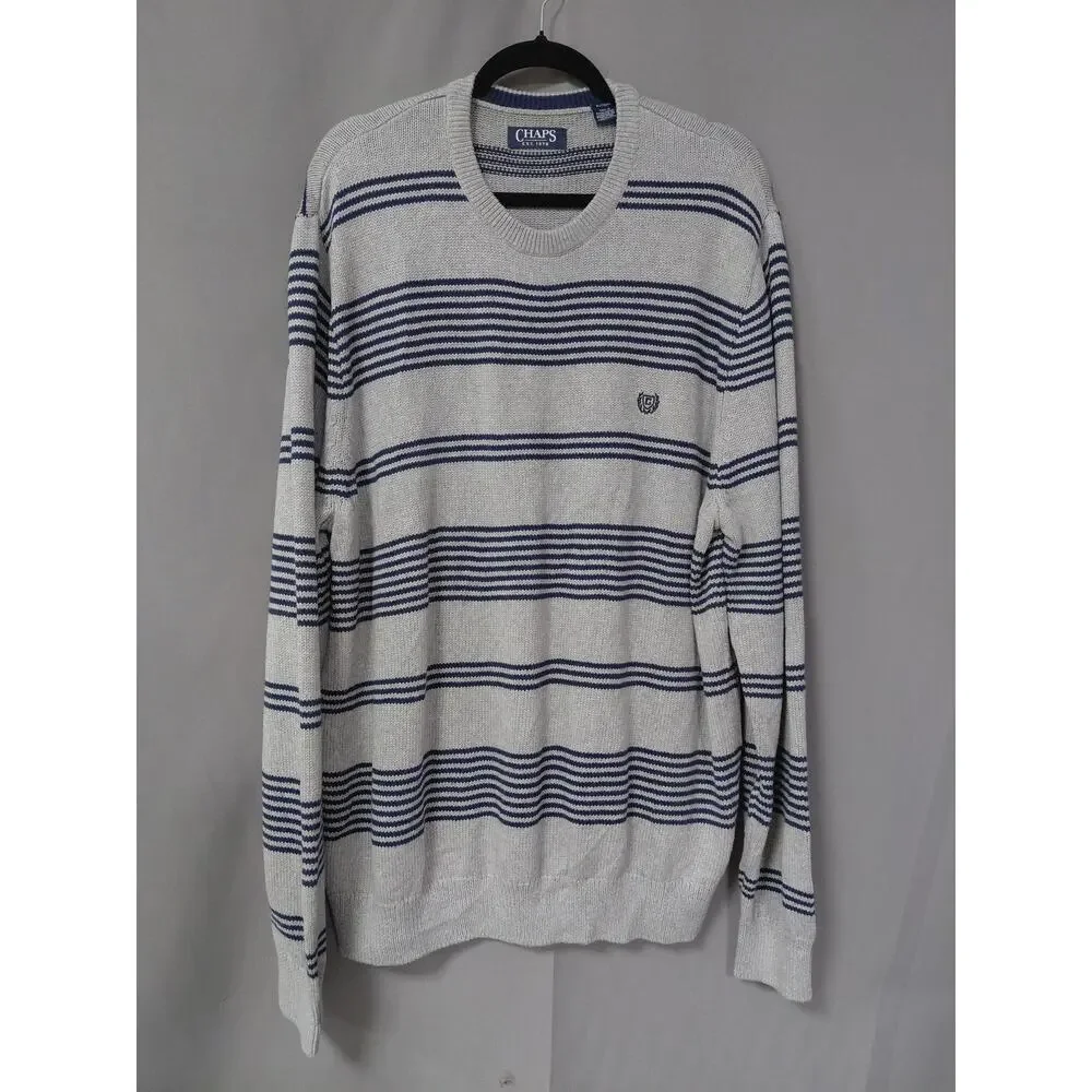 6LS9 Chaps Gray Blue Striped Crewneck Pullover Sweater Men Size XL